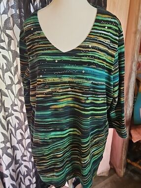 Onque Casuals Striped Long Sleeve V-Neck Top in Green Teal and Black